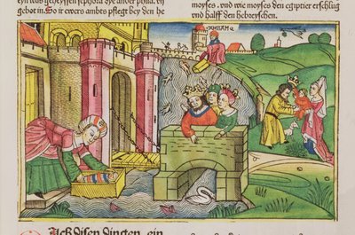 Mosè viene messo a galleggiare sul Nilo e scoperto da una delle mogli del faraone, dalla Bibbia di Norimberga (Biblia Sacra Germanaica) da German School