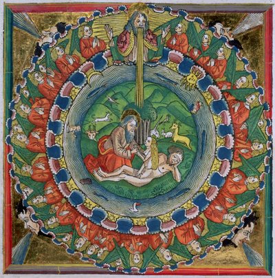 Copia facsimile di Genesi 2:22 Dio creò Eva, dalla Bibbia di Norimberga (Biblia Sacra Germanaica) da German School