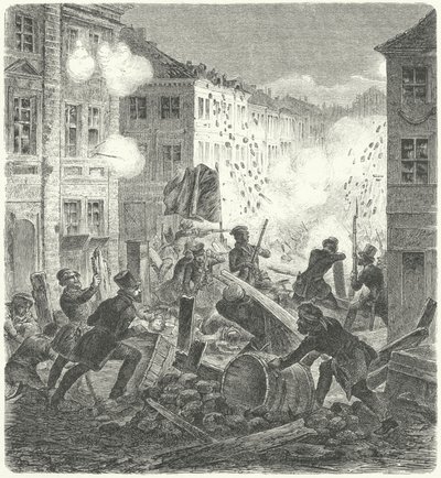 Combattimenti a una barricata davanti al Municipio di Colln, Berlino, Rivoluzione del 1848 (incisione) da German School