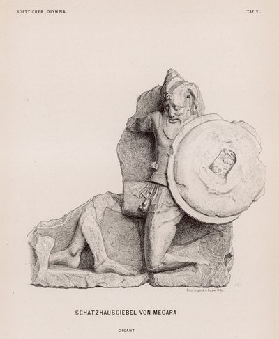 Figura di un gigante dal frontone del Tesoro di Megara, Olimpia, Grecia da German School