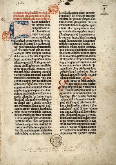 Prima pagina della Bibbia in latino (vulgata) di Gutenberg preparata a Magonza 1452 - 1454. L