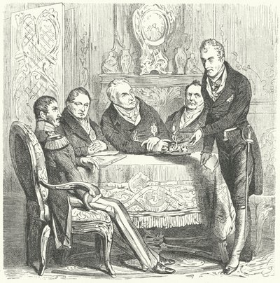 Federico Guglielmo III di Prussia in discussione con il suo primo ministro, Karl August von Hardenberg e Klemens von Metternich, ministro degli esteri austriaco (incisione) da German School