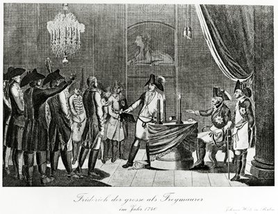 Federico il Grande riceve suo cognato, Federico, Margravio di Brandeburgo-Bayreuth come massone a Berlino nel 1740 da German School