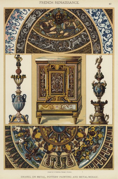 Rinascimento francese, smalto su metallo, pittura su ceramica e mosaico metallico da German School