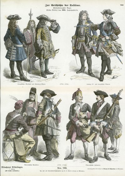 Uniformi militari francesi e austriache, inizio XVIII secolo da German School