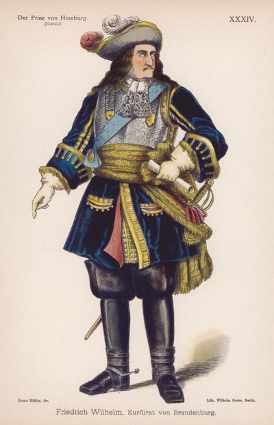 Friedrich Wilhelm, Duca di Brandeburgo, da Il Principe di Homburg di Heinrich von Kleist (litografia a colori) da German School