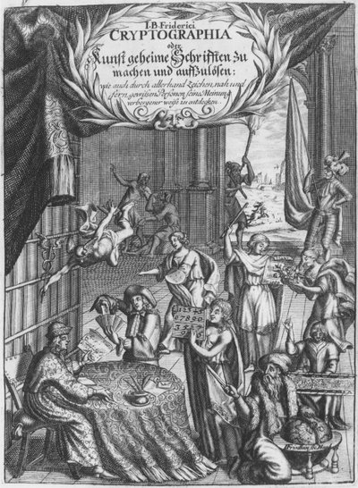 Frontespizio, illustrazione da Cryptographia, oder geheime Schrifften di Johann Balthasar Friderici, inciso da Johan Friedlein (17° secolo) pubblicata ad Amburgo, 1685 da German School