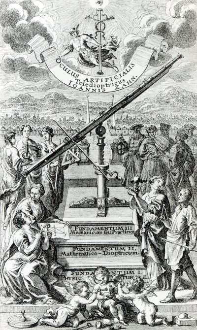 Frontespizio di Oculus Artificialis Teledioptricus Sive Telescopium di Johann Zahn, 2a edizione pubblicata nel 1702 da German School