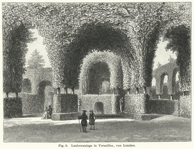Progettazione del giardino: pergolati nei giardini di Versailles, Francia, disegnati da André Le Nôtre nel XVII secolo da German School