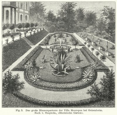 Progettazione del giardino: grande parterre a Monrepos, tenuta del banchiere e astronomo dilettante Heinrich Eduard von Lade, Geisenheim, Germania (incisione) da German School