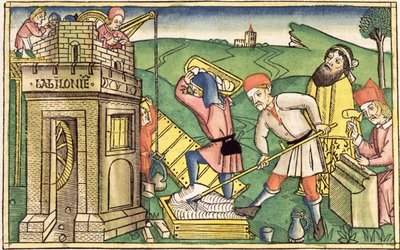 Genesi 11:1-9 Costruzione della Torre di Babele, dalla Bibbia di Norimberga (Biblia Sacra Germanaica) da German School