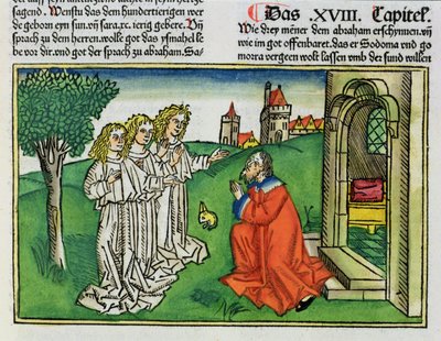 Genesi 18:2 Abramo e i tre angeli, dalla Bibbia di Norimberga (Biblia Sacra Germanaica) da German School