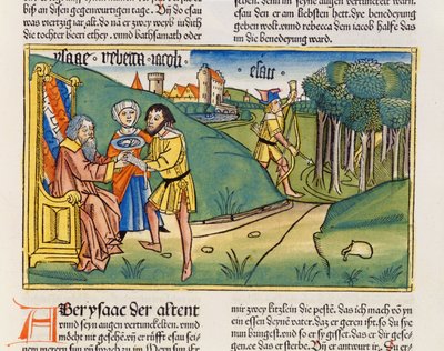 Genesi 27:6-29 Giacobbe riceve la benedizione di Isacco, dalla Bibbia di Norimberga (Biblia Sacra Germanaica) da German School