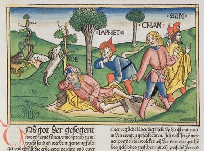 Genesi 9:20-27 Noè coperto con un mantello dai suoi figli Sem, Cam e Iafet, dalla Bibbia di Norimberga (Biblia Sacra Germanaica) da German School