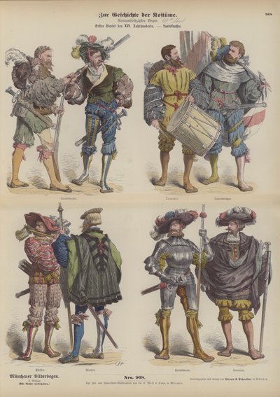 Landsknechte tedeschi (soldati mercenari), inizio XVI secolo (incisione colorata) da German School