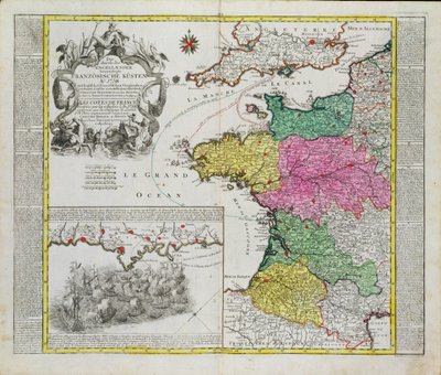 Mappa tedesca che mostra gli attacchi navali inglesi ai porti francesi nel 1758 da German School