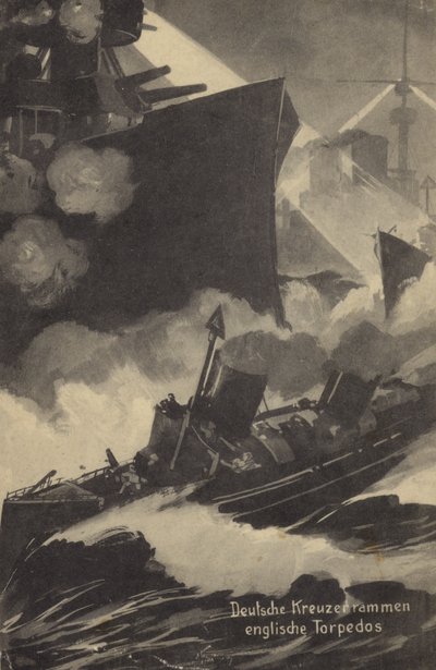 Incrociatore tedesco che sperona una torpediniera britannica, Prima Guerra Mondiale (litografia) da German School