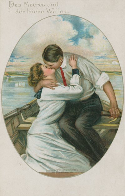 Uomo e donna tedeschi che si baciano in una barca, cartolina inviata il 10 settembre 1913 da German School