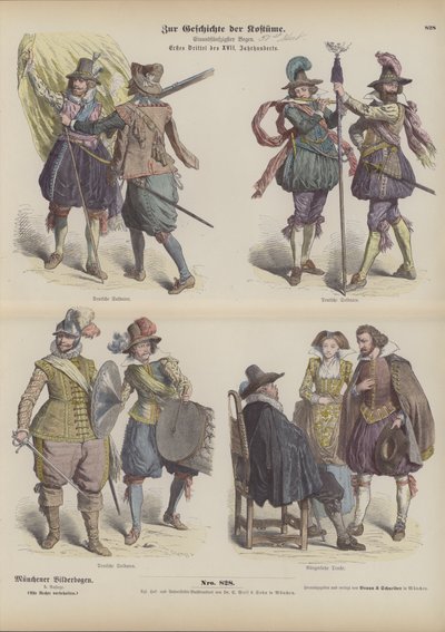 Costumi militari e borghesi tedeschi, inizio XVII secolo (incisione colorata) da German School