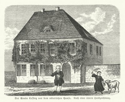Il filosofo e drammaturgo tedesco Gotthold Ephraim Lessing fuori dalla casa di suo padre a Kamenz da bambino da German School