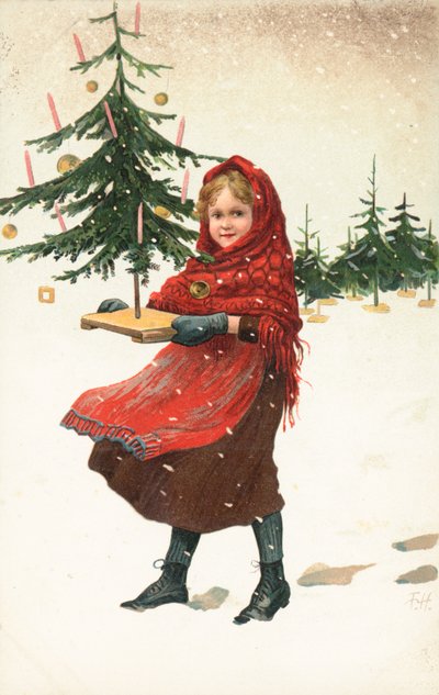 Ragazza che porta un piccolo albero di Natale nella neve da German School