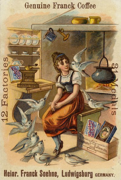 Ragazza con colombe, pubblicità per Genuine Franck Coffee da German School