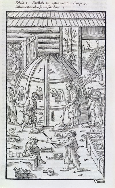 Vetreria, illustrazione che mostra il forno di marmo e i soffiatori di vetro (xilografia) da German School