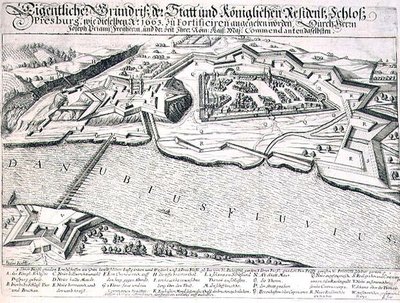 Piano del terreno della città e del castello di Pressburg e delle sue fortificazioni nel 1663, illustrazione da un libro sulle campagne ottomane in Europa, inciso da Paul Furst da German School