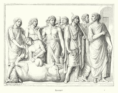 Aruspice che studia le viscere di un animale sacrificato nell