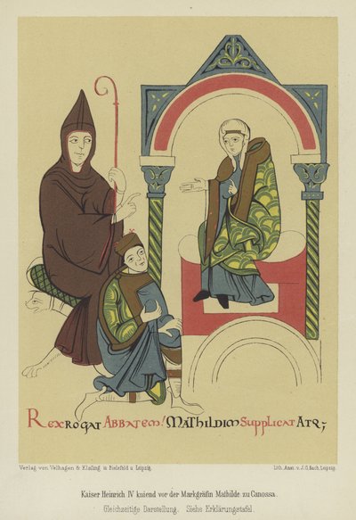 Enrico IV, Imperatore del Sacro Romano Impero, inginocchiato davanti a Margravina Matilde di Toscana a Canossa da German School