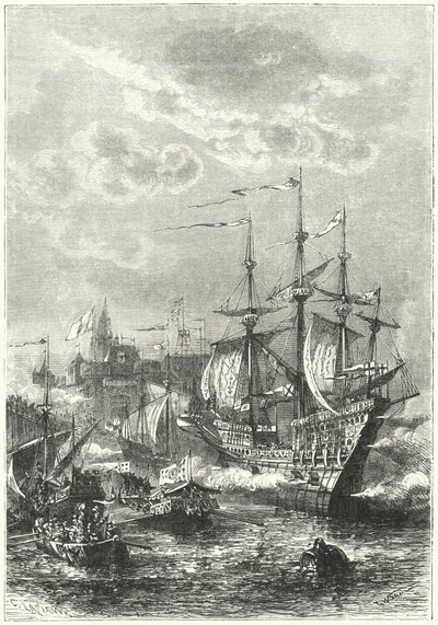 Enrico VIII e la flotta inglese che sbarcano a Calais da German School
