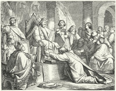 Enrico il Leone, Duca di Sassonia, che si sottomette a Federico Barbarossa a Erfurt da German School
