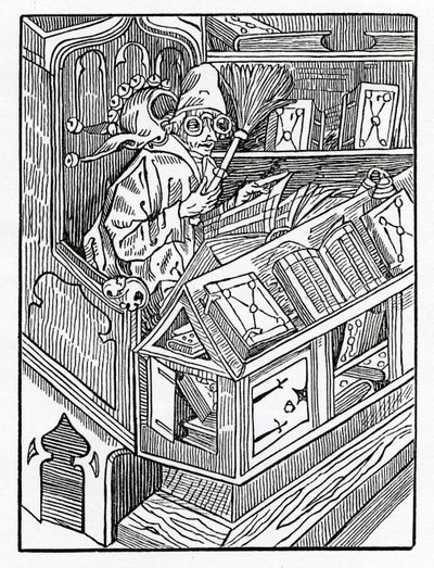Qui iniziano i folli e prima i libri inutili, illustrazione dalla traduzione inglese di Alexander Barclay di 