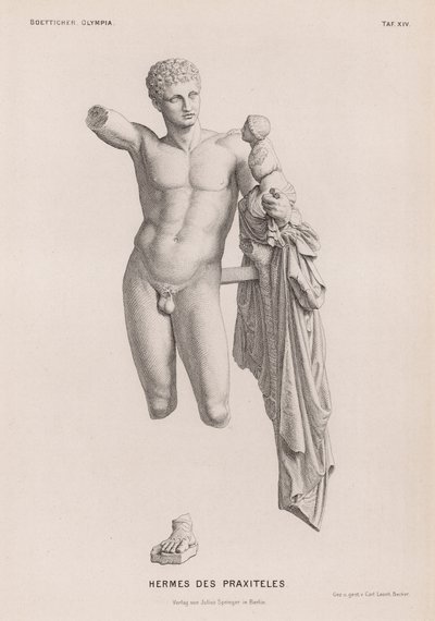 Ermes e il piccolo Dioniso, scultura attribuita a Prassitele, scavata a Olimpia, Grecia da German School