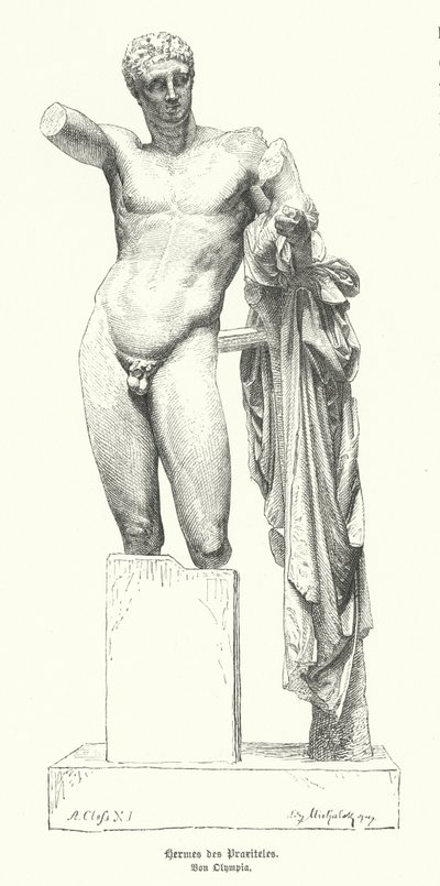 Ermes e il piccolo Dioniso, statua dello scultore greco antico Prassitele scoperta nelle rovine del Tempio di Hera, Olimpia da German School