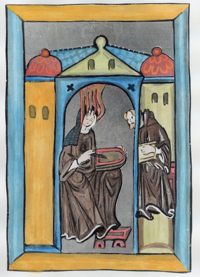 Ildegarda di Bingen riceve la luce dal cielo, c.1151 (colorazione successiva) da German School