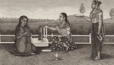 Venerazione indù dei morti, India. Illustrazione per Bilder-Atlas da German School