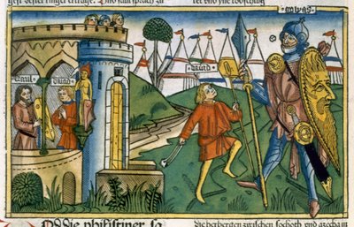 Davide sconfigge Golia e incontra Saul, dalla Bibbia di Norimberga (Biblia Sacra Germanaica) da German School