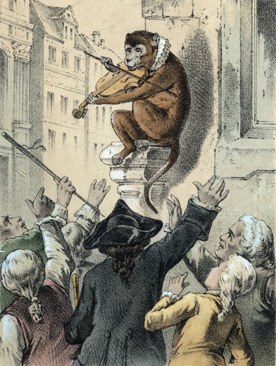 Illustrazione dei racconti di Franz Hoffmann "Racconti e favole - La scimmia e il violino": una scimmia che suona il violino davanti a una folla. Cromolitografia del XIX secolo da German School