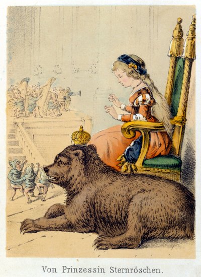 Illustrazione dei racconti di Franz Hoffmann "Racconti e Favole - Von Prinzessin Sternröschen": una principessa accanto a un re orso. Cromolitografia del XIX secolo da German School