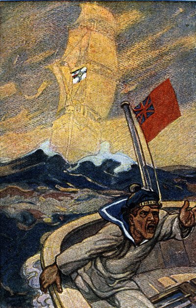 Illustrazione della propaganda tedesca dalla rivista Jugend durante la Prima Guerra Mondiale. Un marinaio inglese è terrorizzato dall