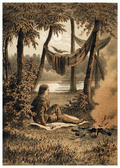 Illustrazione della conquista del fiume Amazzoni da parte degli europei, installazione di un campo vicino al fiume. in "De Bootslieden der Amazon-river", Karl Muller, Paesi Bassi da German School