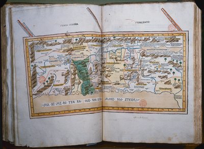 Mappa della Terra Santa, basata su descrizioni e coordinate date in Cosmographica, di Tolomeo (Claudio Tolomeo di Alessandria) (c.90-168 d.C.) pubblicata a Ulm, Germania, da Johann Reger da German School