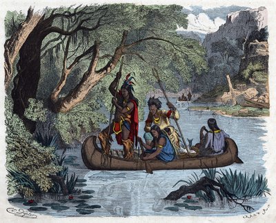 Indiani che pescano a bordo di una canoa su un fiume in America. In 