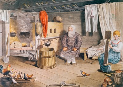 Interno di una izba russa, pubblicato a Lipsia, 1820 da German School