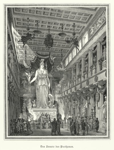 Interno del Partenone, Atene, con la statua colossale della dea greca Atena da German School
