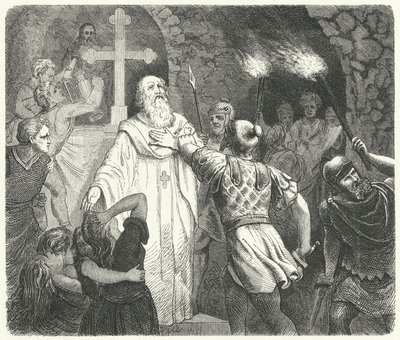 Interruzione di un servizio cristiano nelle catacombe romane (incisione) da German School