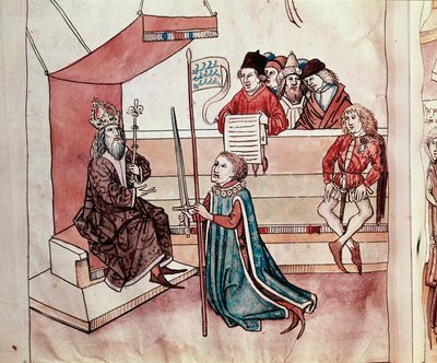 Investitura di un cavaliere. Miniatura da "Cronache del Concilio di Costanza" di Ulrich Richental (1360-1437) circa 1438 Praga, biblioteca nazionale da German School