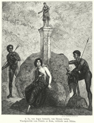 Io, sorvegliata da Argo Panoptes per ordine della dea Hera, osservata da Ermes, inviato da Zeus per rapirla, affresco romano da German School