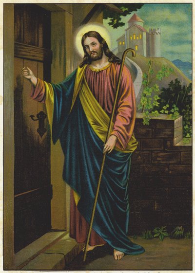 Gesù che bussa alla porta di una casa (litografia a colori) da German School